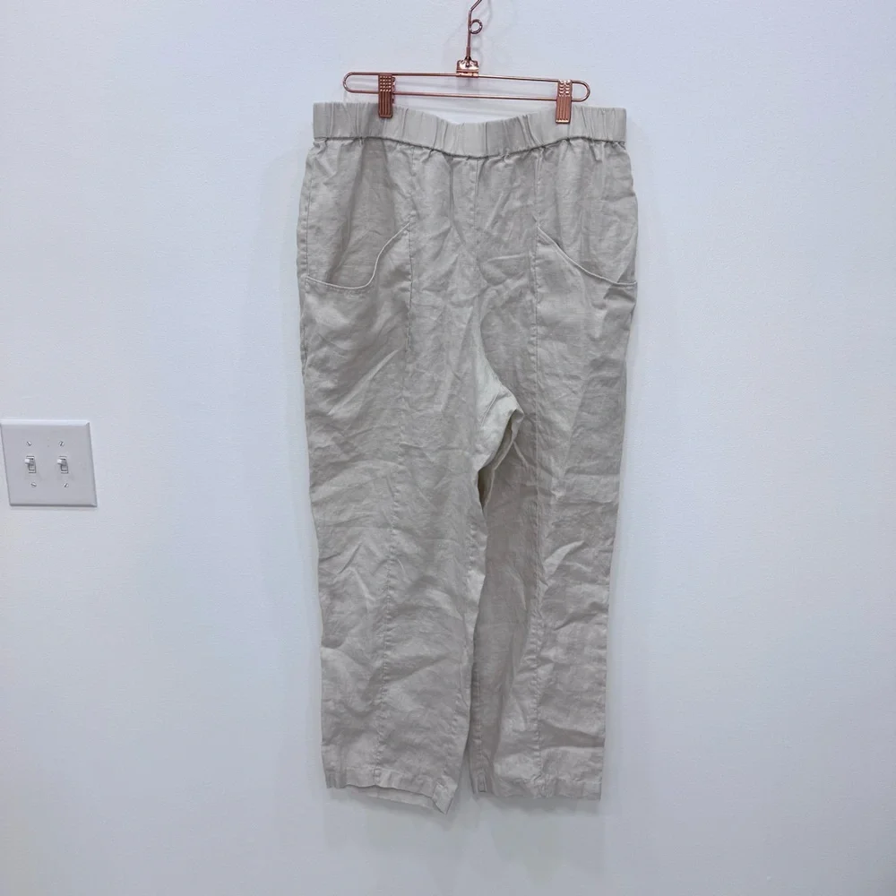 Quince Sand European Flax Linen Tapered Ankle Pant Sz Large Elastic Waist